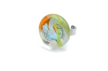 bague ronde en verre murano et acier inoxydable bague picturale multicolore