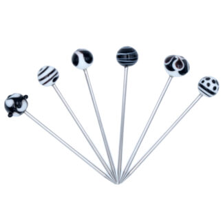 6 pics apéritif acier inoxydable et perles noires et blanches en verre murano